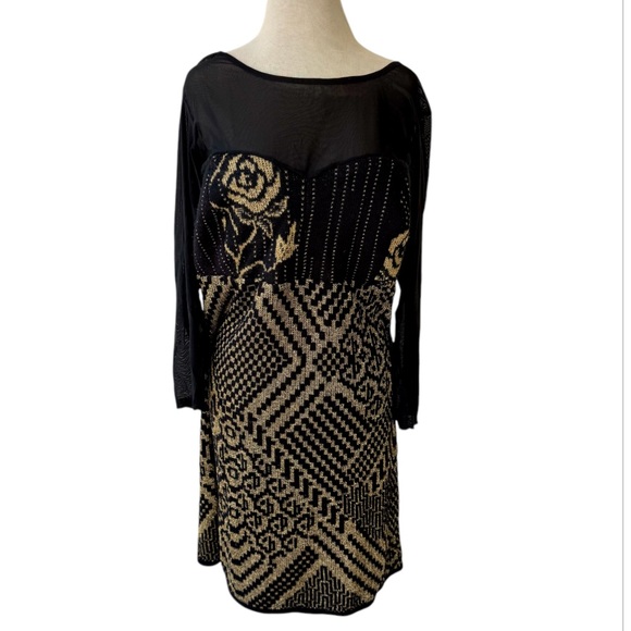 Handmade Sweater Dress Black Gold Metallic Mesh Sz 2X Midi Sweetheart Holiday - Picture 1 of 5